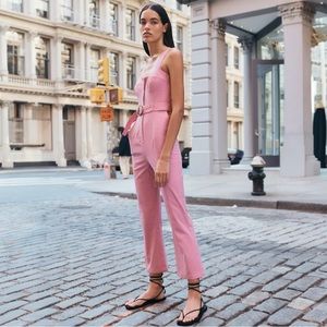 ZARA Pink Wide Strap Belted Light Stretch Fitted Jumpsuit Size M Excellent